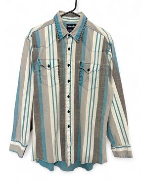 Vintage Wrangler Brushpopper Striped Western Cowboy Button-Down Shirt